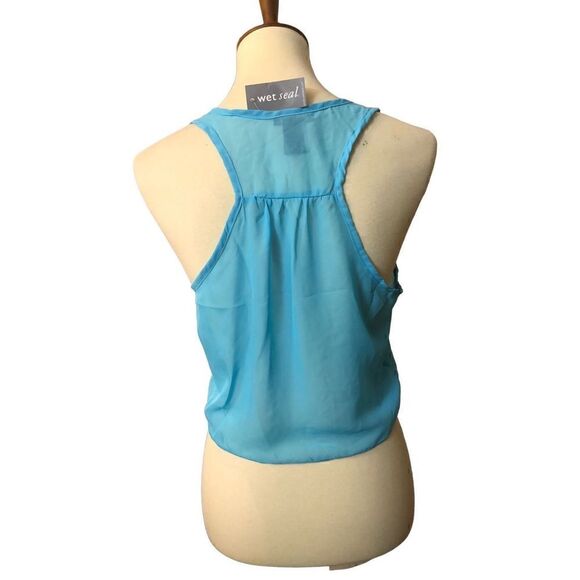 Wet Seal pale blue button down racer back sheer crop top tie front - Picture 5 of 8